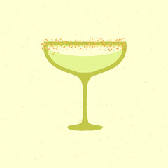Cocktail margarita glass. Alcohol drink with sugar sprinkles. Daiquiri drink for bar and event. Flat vector illustration with texture. Simple retro alcohol drink poster