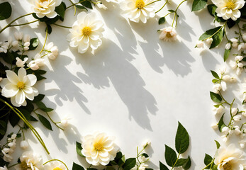 Obraz premium Beautiful flower frame composition with space for text. Garden flowers on white background. Valentine's Day, Easter, Birthday, Happy Women's Day, Mother's Day. Generative AI