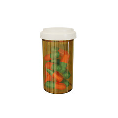 Red and blue capsules in a white plastic bottle isolated on transparent background. 3d render. PNG. Tablets, medicine concept. 3D rendering, ui, ux. Pills. Health. Jar of pills
