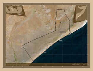 Shabeellaha Hoose, Somalia. Low-res satellite. Labelled points of cities