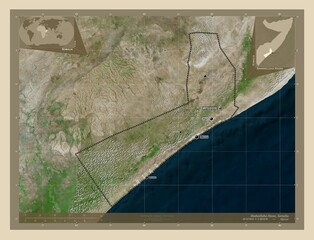 Shabeellaha Hoose, Somalia. High-res satellite. Labelled points of cities