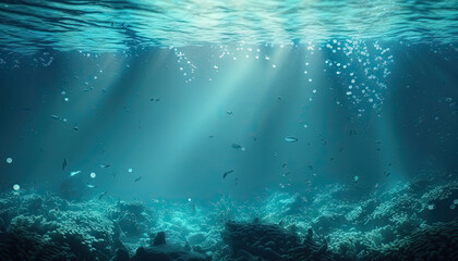 Fototapeta na wymiar Beautiful underwater ocean bottom scene. Abstract marine background with copy space. AI generative image.