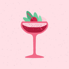 Margarita glass. Refreshing drink with mint and raspberry. Red alcohol drink for event and celebration. Cream cocktail. Flat vector illustration with texture. Bright simple retro style