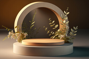 Minimal cylinder product display podium with plants. Eco style showcase. Abstract modern interior with copy space. AI generative art.