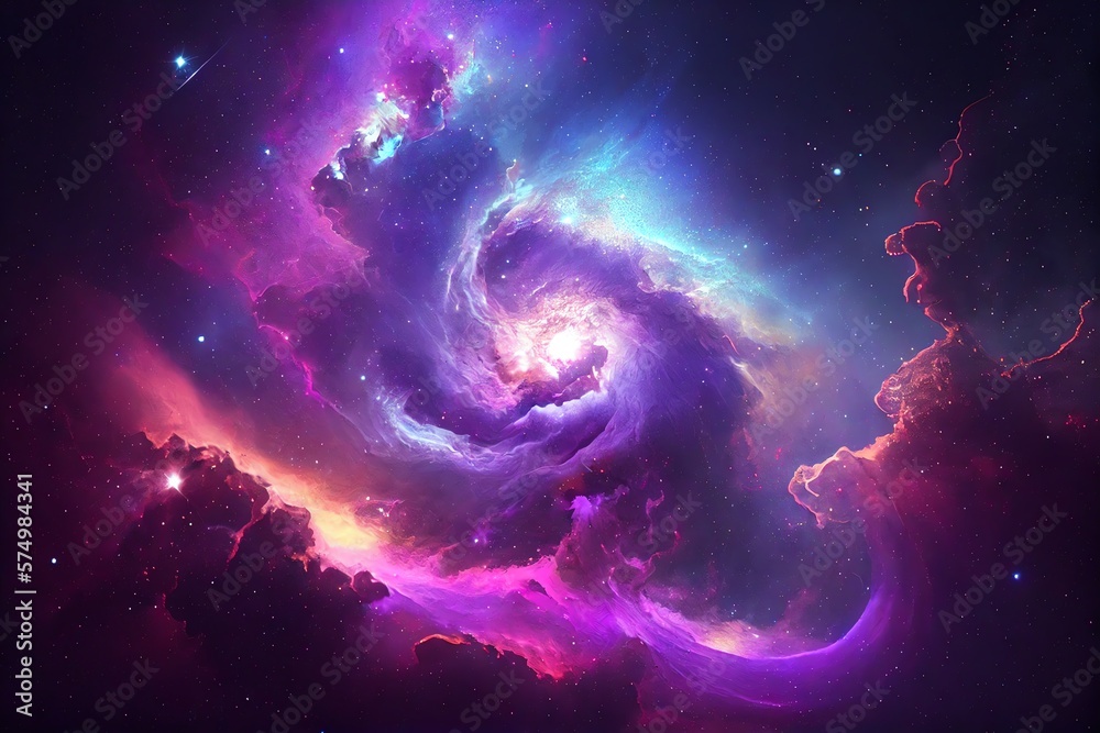 Wall mural nebula galaxy background with purple blue outer space. cosmos clouds and beautiful universe night st