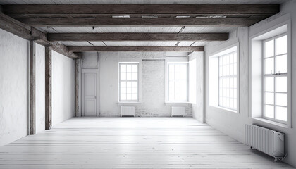 Empty rustic style interior with white walls, indoor background. AI generative image.