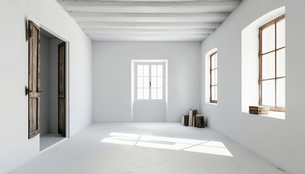 Empty rustic style interior with white walls, indoor background. AI generative image.