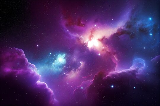 Nebula Galaxy Background With Purple Blue Outer Space. Cosmos Clouds And Beautiful Universe Night Stars. Generative AI