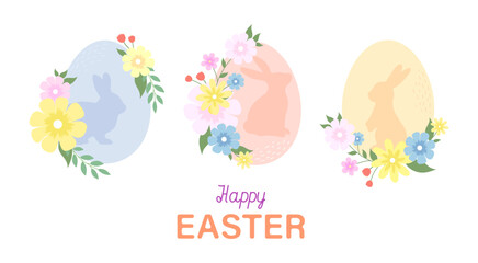 Nice rabbits silhouette on eggs. Wreath of flowers with Easter eggs. Festive background to Easter Day.