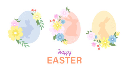 Fototapeta premium Nice rabbits silhouette on eggs. Wreath of flowers with Easter eggs. Festive background to Easter Day.