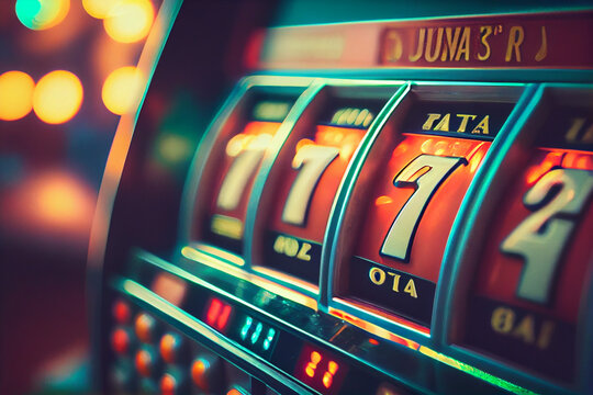 Close up background of slot machine in casino club entertainment leisure concept. Created with Generative AI technology	