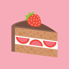 Shortcake vector emoji flat icon design. Isolated slice of strawberry shortcake, layered with whipped cream and topped with a whole strawberry. Birthday Cake sign sticker label.