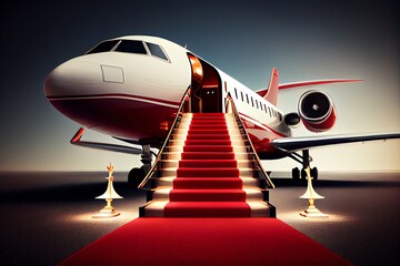 Vip Luxury Red Carpet On Stairs To Private Jet Airplane. Generative AI