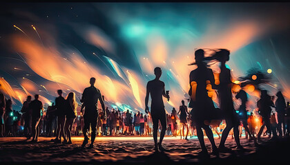 Night beach music party with blurred dancing people at the background. AI generative image.