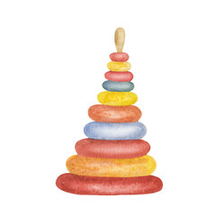 Watercolor illustration. Hand painted baby toy. Colorful pyramid from red, yellow, orange, blue rings. Educational toy for kids. Chidren playground. Isolated clip art for fabric textile, banners