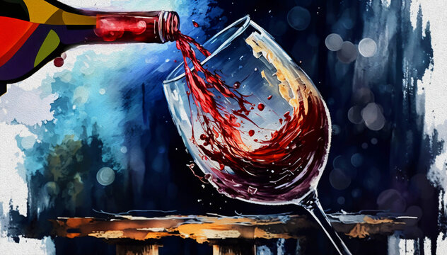 Glass of red wine. Wine is poured into a glass from a bottle. Alcohol drink. Watercolor painting.