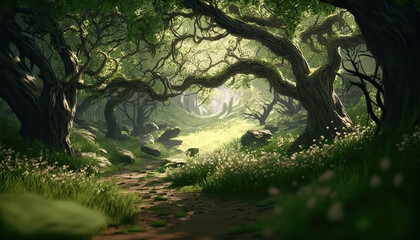 Fototapeta premium Beautiful fantasy dense forest landscape with old growth trees. Magic woods background with copy space. Fairy tale outdoor backdrop. AI generative image.