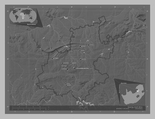 Gauteng, South Africa. Grayscale. Labelled points of cities
