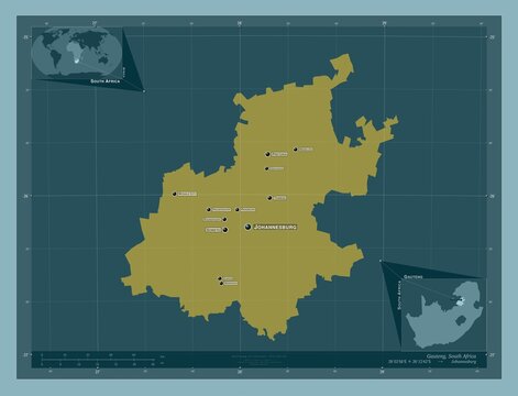 Gauteng, South Africa. Solid. Labelled points of cities