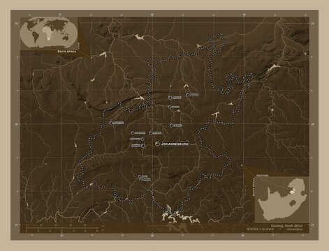 Gauteng, South Africa. Sepia. Labelled points of cities