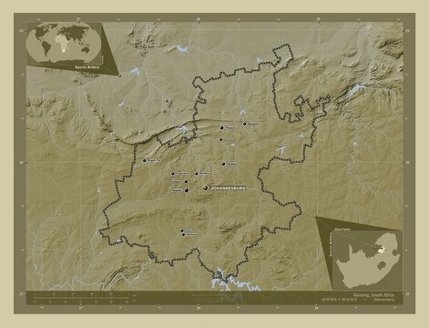 Gauteng, South Africa. Labelled points of cities