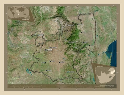 Mpumalanga, South Africa. High-res satellite. Labelled points of cities