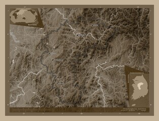 Chungcheongbuk-do, South Korea. Sepia. Labelled points of cities
