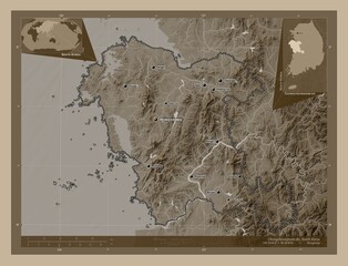 Chungcheongnam-do, South Korea. Sepia. Labelled points of cities
