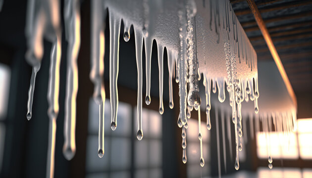 Horizontal banner with close up thawing icicles. Spring is coming. AI generative image.
