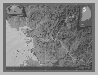 Gyeonggi-do, South Korea. Grayscale. Labelled points of cities