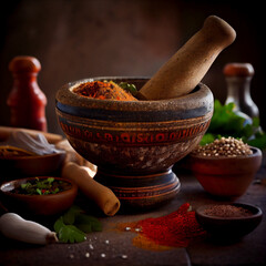 mortar and pestle with spices - obrazy, fototapety, plakaty
