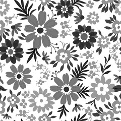 Black and white pattern of flowers and leaves. Cute floral aesthetic composition for wallpaper, print, poster, postcard.