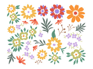 Fototapeta na wymiar Minimalistic drawing of orange-red, green and purple flowers with green leaves on a white background. Cute floral aesthetic composition for wallpaper, print, poster, postcard.