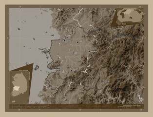 Jeollabuk-do, South Korea. Sepia. Labelled points of cities