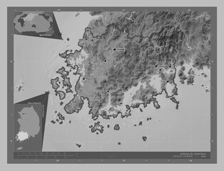 Jeollanam-do, South Korea. Grayscale. Labelled points of cities