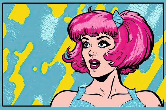 Pretty girl cartoon illustration in pop art style. Emotional woman with pink hair. Colorful background. Generative AI