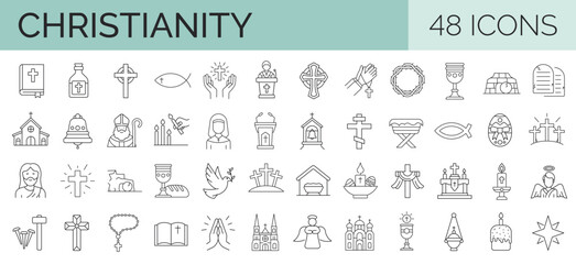 Naklejka na ściany i meble 48 line icons realted to christianity, christ, church, religion, god. Outline icon collection. Vector illustration. Editable stroke