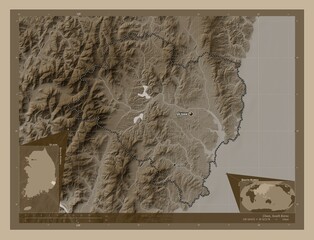 Ulsan, South Korea. Sepia. Labelled points of cities