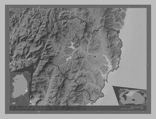 Ulsan, South Korea. Grayscale. Labelled points of cities