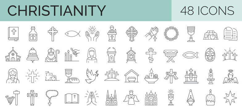 48 line icons realted to christianity, christ, church, religion, god. Outline icon collection. Vector illustration. Editable stroke