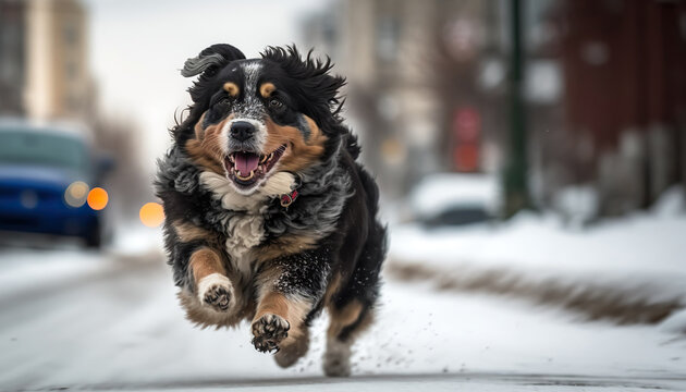Adorable excited dog running towards camera in big city, slow motion freeze frame. AI generative image.