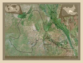 Lakes, South Sudan. High-res satellite. Labelled points of cities