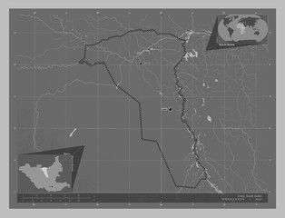 Unity, South Sudan. Grayscale. Labelled points of cities