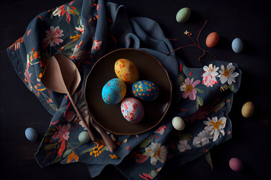 Painted easter eggs and napkin on dark background, Top view, Ai generative