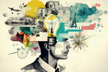Creative mind. Concept of intelligence. Art collage on a white background. Generative AI - obrazy, fototapety, plakaty
