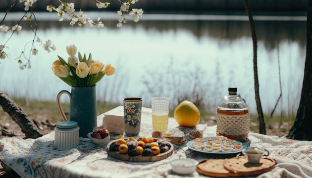 Retro style picnic by the spring lake. Outdoor nature background. AI generative image.