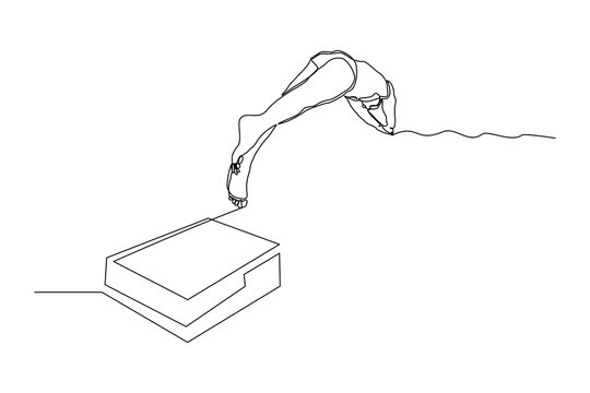 Continuous single one line drawing art of swimming athlete man jumping to start swim competition. Vector illustration of healthy sport lifestyle