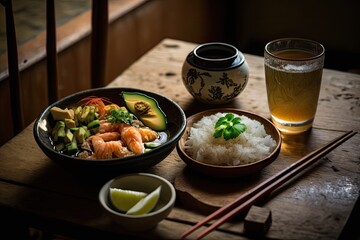 Japanese meal on the table. Sushy of salmon or shrimp with rice and a traditional Oriental drink. Generative AI