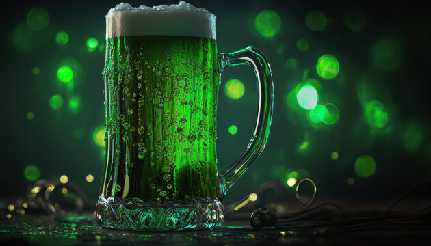 Close up festive green beer in a bar interior, st. Patrick's day illustration. Horizontal banner. AI generative image.