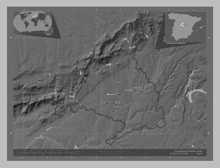 Comunidad de Madrid, Spain. Grayscale. Labelled points of cities